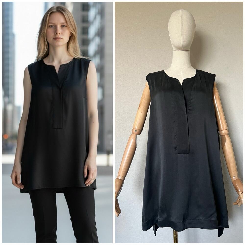NWT Banana Republic Sz XL 100% Silk Deep Split Neck Tunic High Side Slits Black